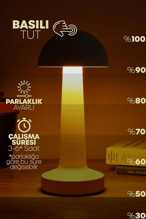 Şarjlı Mantar Masa Lambası Metal Dokunmatik 3 Işık Parlaklık Ayarlı Gece Masa Üstü Lamba (Beyaz A4) [Enerji Sınıfı A]