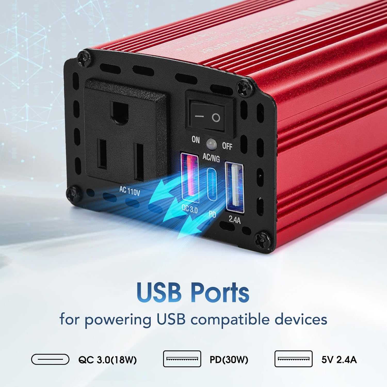 Close-up view of the inverter's USB ports and AC outlet, with arrows indicating power flow.