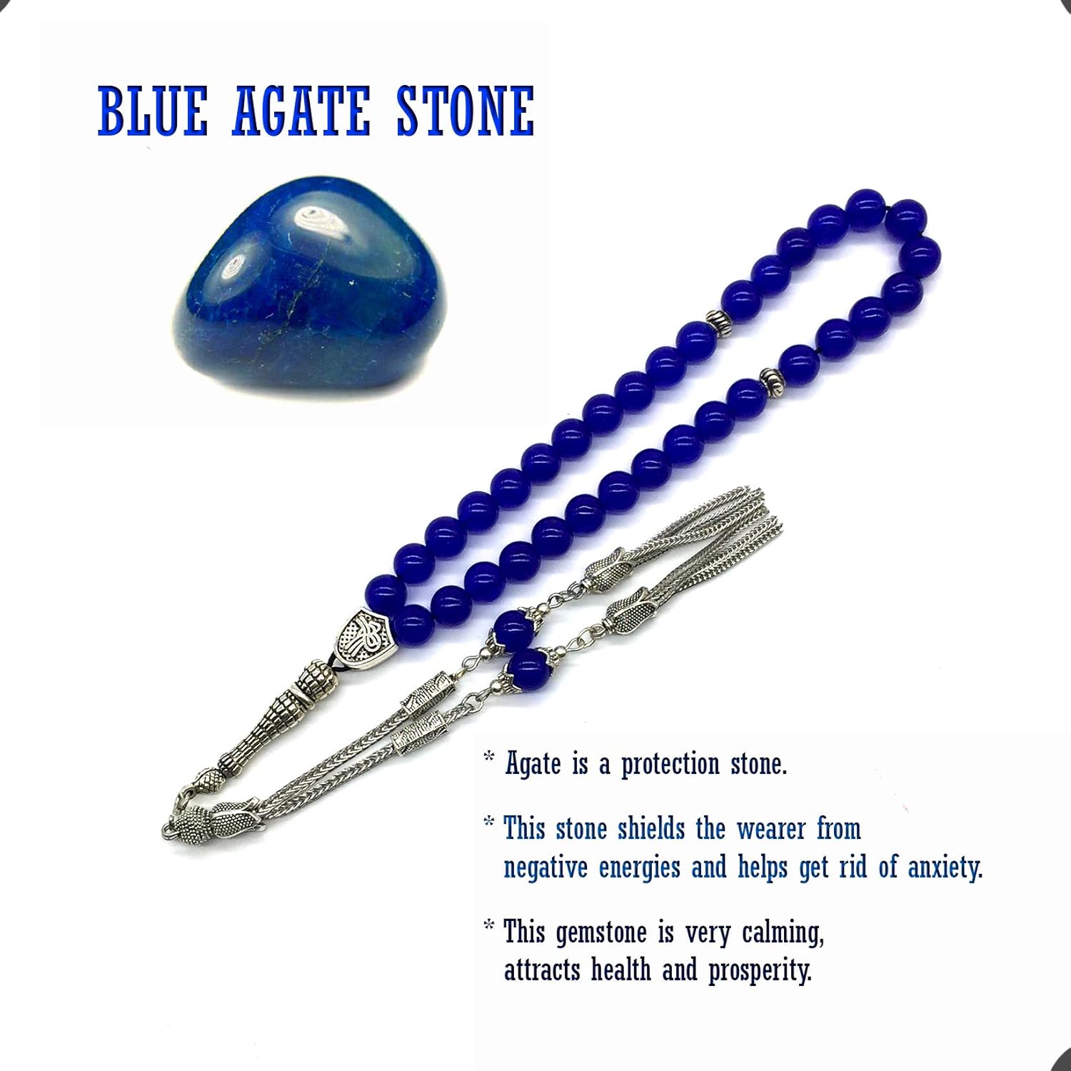 ALBATROSART -Blue Agate Stone -8mm -33 Beads - Worry Beads with Matching Stretch Ring - Elastic Ring with Replaceable Snap Button -Tesbih-Tasbih-Misbaha-Subha-Sibha-Rosary