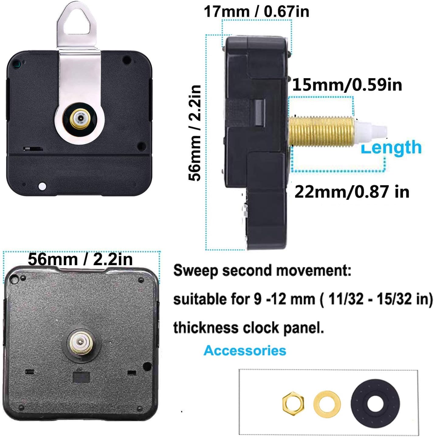 2 Pack Non Ticking Wall Clock Movements Mechanism with 4 Pairs of Short Hands Quartz Motor Kit Battery Operated DIY Repair Parts Replacement, 15/32 In Maximum Dial Thickness, 7/8 In Total Shaft Length