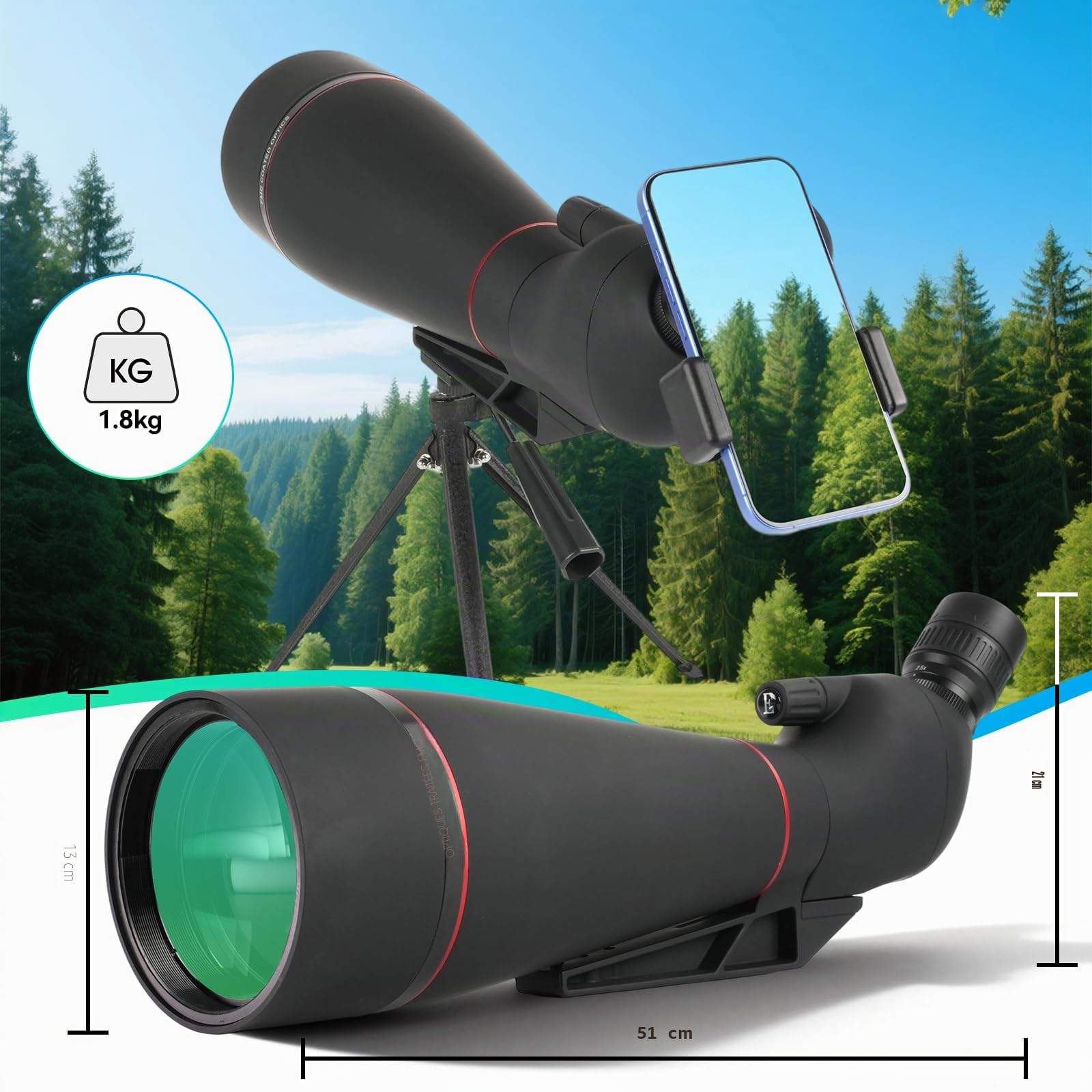 Longue Vue Monoculaire 25-75x100 mm HD, Prisme PORRO FMC - avec Adaptateur Smartphone, Trépied et Sac de Transport - Idéal pour Observation des Oiseaux, Tir à la Cible, Randonnée et Astronomie