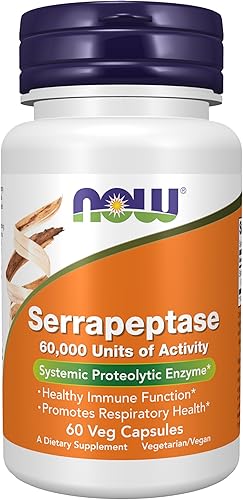 NOW Foods Suplementos, Serrapeptasa 60,000 Unidades de Actividad, Promueve la Salud Respiratoria y la Función Inmune*, 60 Cápsulas Vegetales