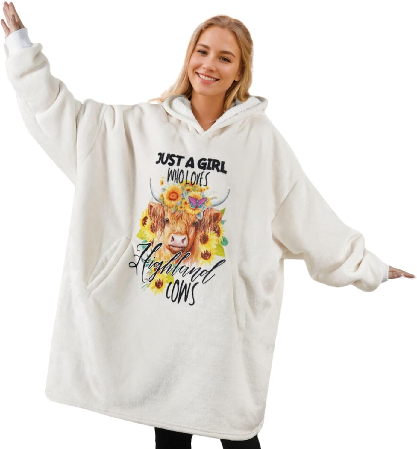 Highland Cow Gifts for Women, Wearable Blanket Hoodies, Super Soft Warm Cozy with Big Pockets - One Size Fits Most
