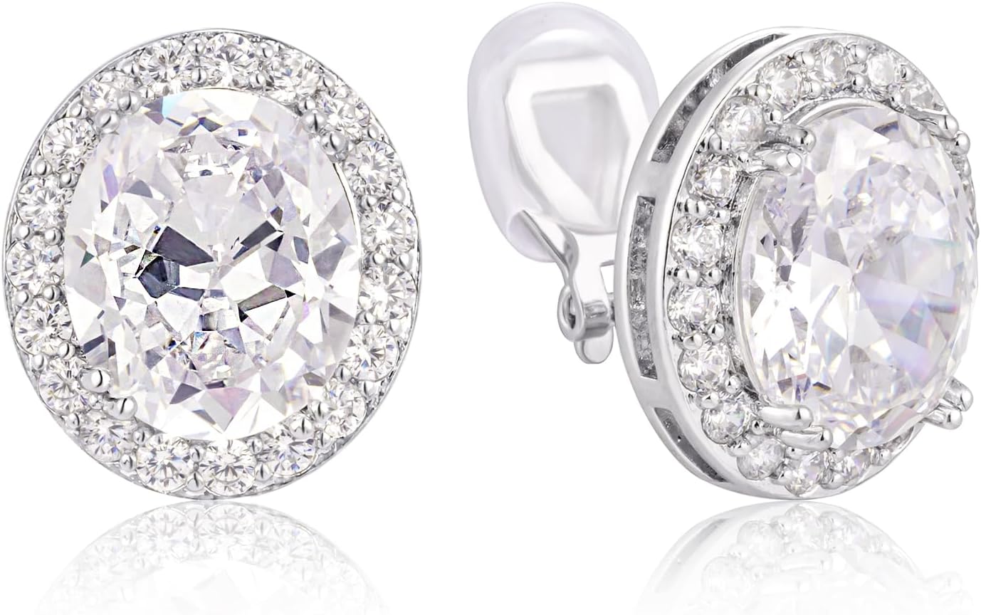 SELOVO Clip on Earrings Not Pierced Oval Statement Earrings Stud Silver Color Zircon Cubic Zirconia