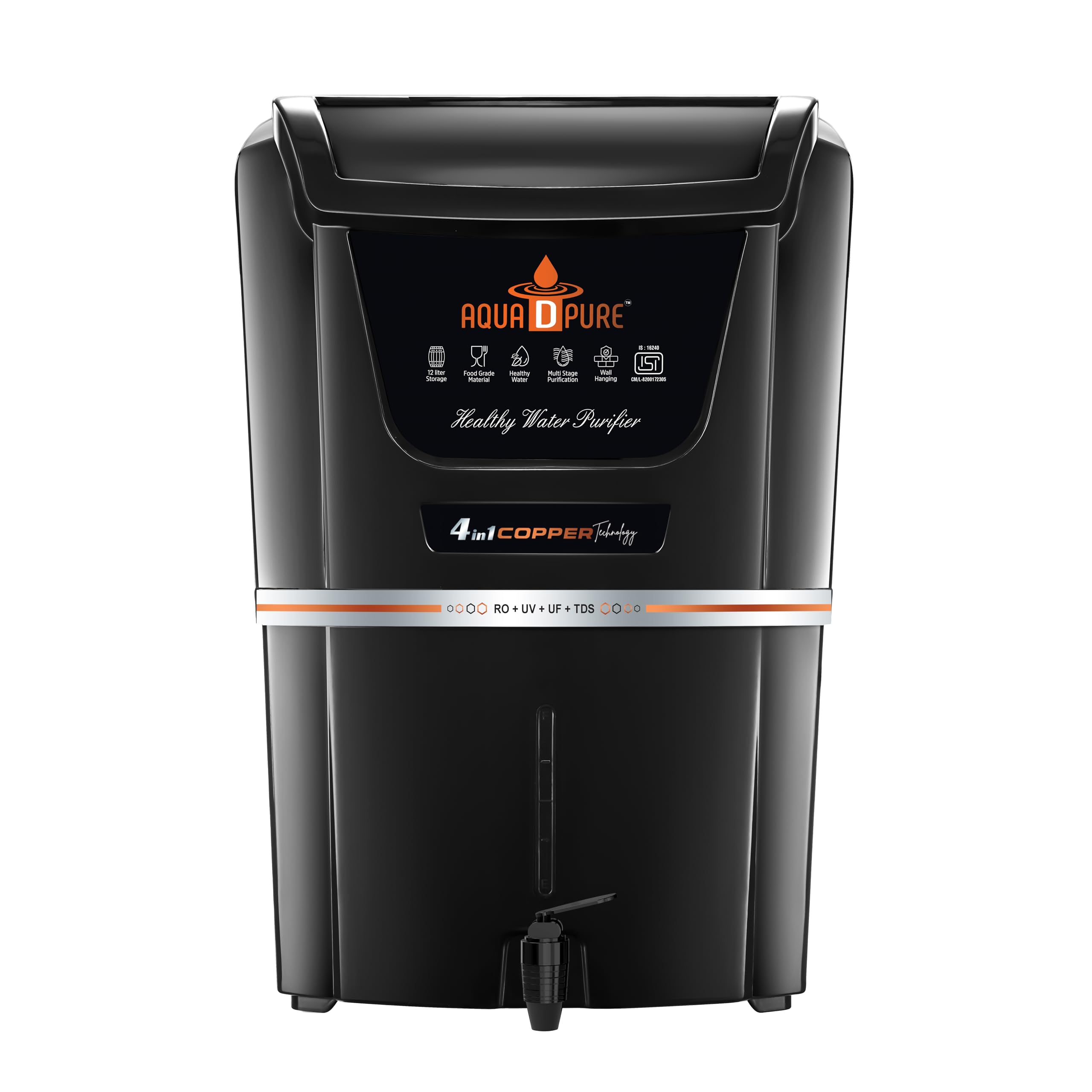 AQUA D PURE 4-in-1 Copper RO Water Purifier | RO+UV+UF+TDS Adjuster | 12L Large Storage | Multi-Stage Filtration | Removes Impurities & Enhances Water with Copper | Wall-Mount & Countertop | Black