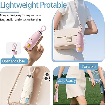 Mini Travel Folding Umbrella with Carabiner Ring Handle for Women Kids,Lightweight Compact,Portable Small,Handbag,Pocket,UV Protection,Fiberglass Ribs,Teflon coating,Rain Sun
