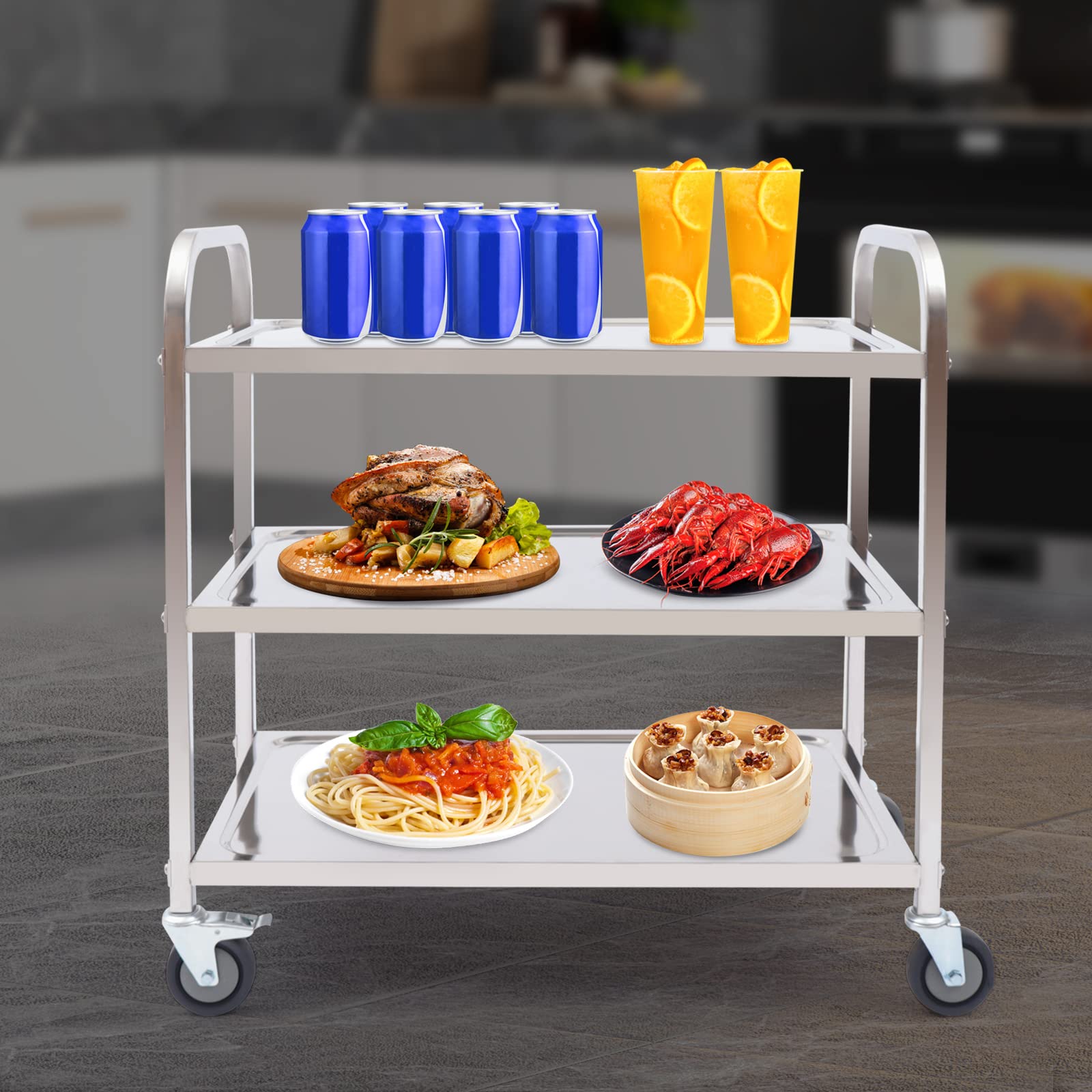 Carro de servicio de 3 pisos de acero inoxidable para cocina, carrito de transporte, carrito de té, carrito de alimentos, catering gastro, servicio de cocina, carrito con ruedas, carrito de