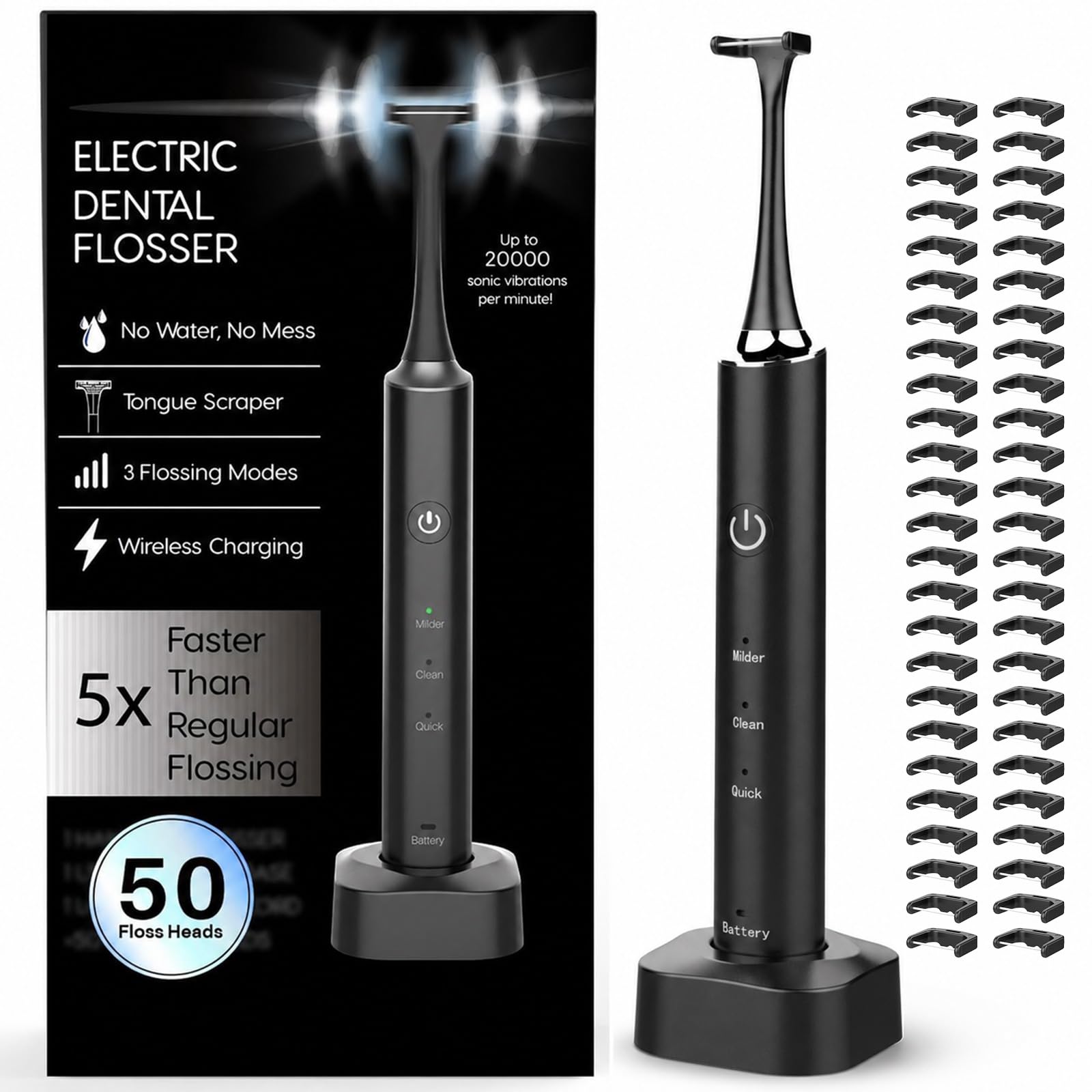 Voraiya Hilo dental eléctrico para dientes, reutilizable, con 50 cabezales de repuesto, recomendado por dentistas, alternativa al irrigador dental de agua, púas de hilo dental recargables para adultos