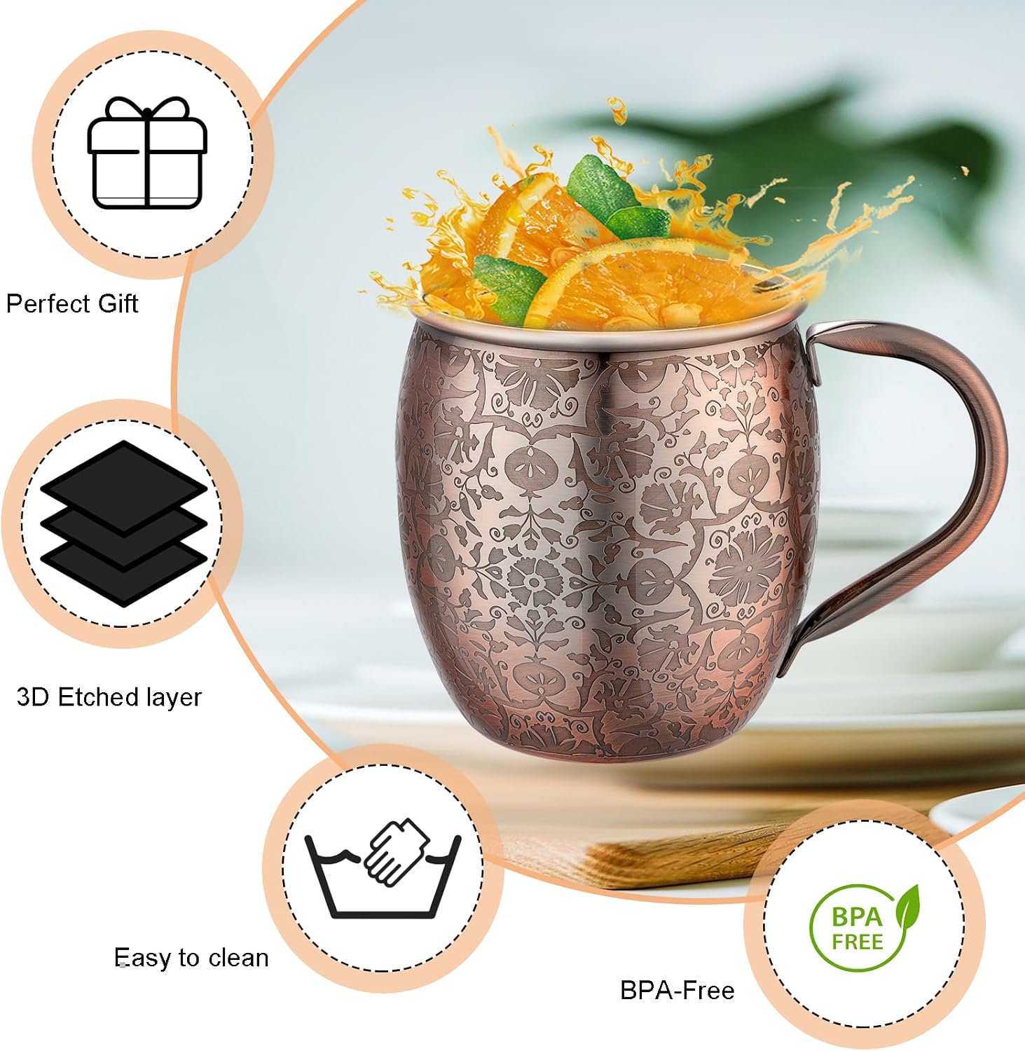 UNISWEET Moscow Mule Mugs - 18 Oz Copper-Plated Fine Craftsmanship Etched Mugs,304 Stainless Steel-Lined Mule Cups,For Cold Drinks, Beer, Wine, Bars, Parties