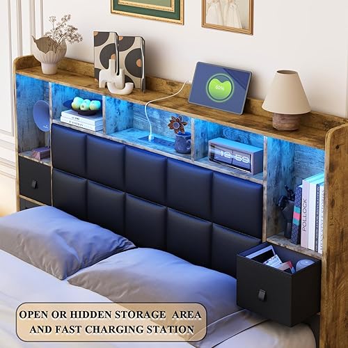 Miniatura 4 de Marco de cama LED tamaño Queen con 2 cajones de almacenamiento ocultos y estantería, cabecera de cuero PU, cama plataforma tapizada con estación de