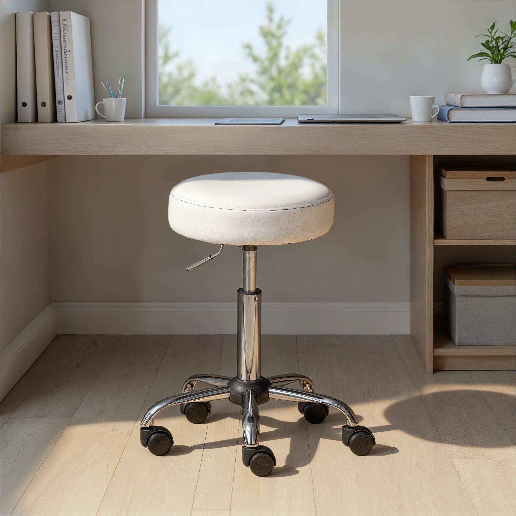 Inter Link - Taburete Giratorio con Ruedas - Altura Regulable 50-66 cm - Metal y Polipiel - ASRA - Blanco