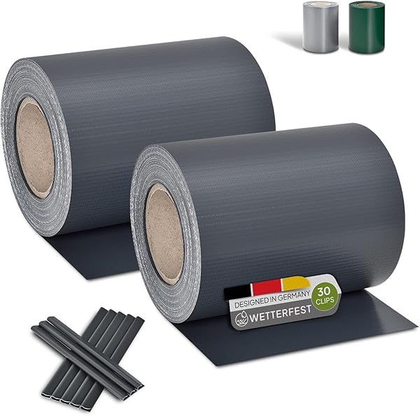 Juskys PVC Sichtschutzstreifen Doppelstabmatten Zaun 2er Set - 2 Rollen á 35m x 19cm - 60 Befestigungsclips - Zaunfolie Sichtschutz Windschutz - anthrazit