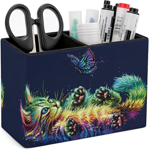 Niapessel Portalápices para escritorio, lindo gatito con un soporte de mariposa para bolígrafos, organizador de escritorio, organizador de lápices,