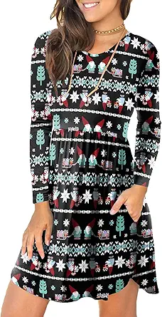LONGYUAN Womens Long Sleeve Dresses Casual Loose Fit Swing Dress Hide Belly with Pockets