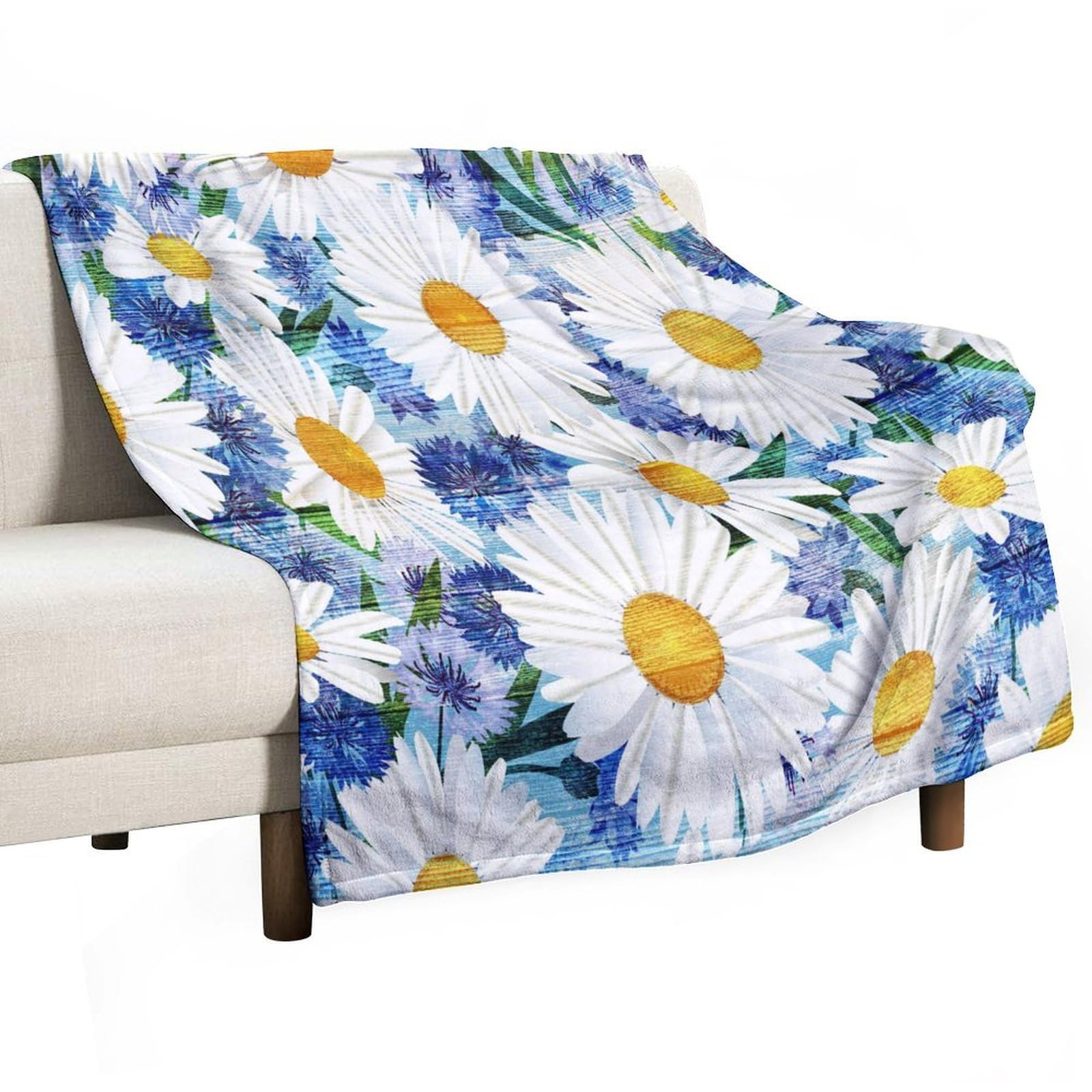 Couverture polaire fleurs marguerites 127x152 cm jeté de lit pelucheux pour canapé et animal