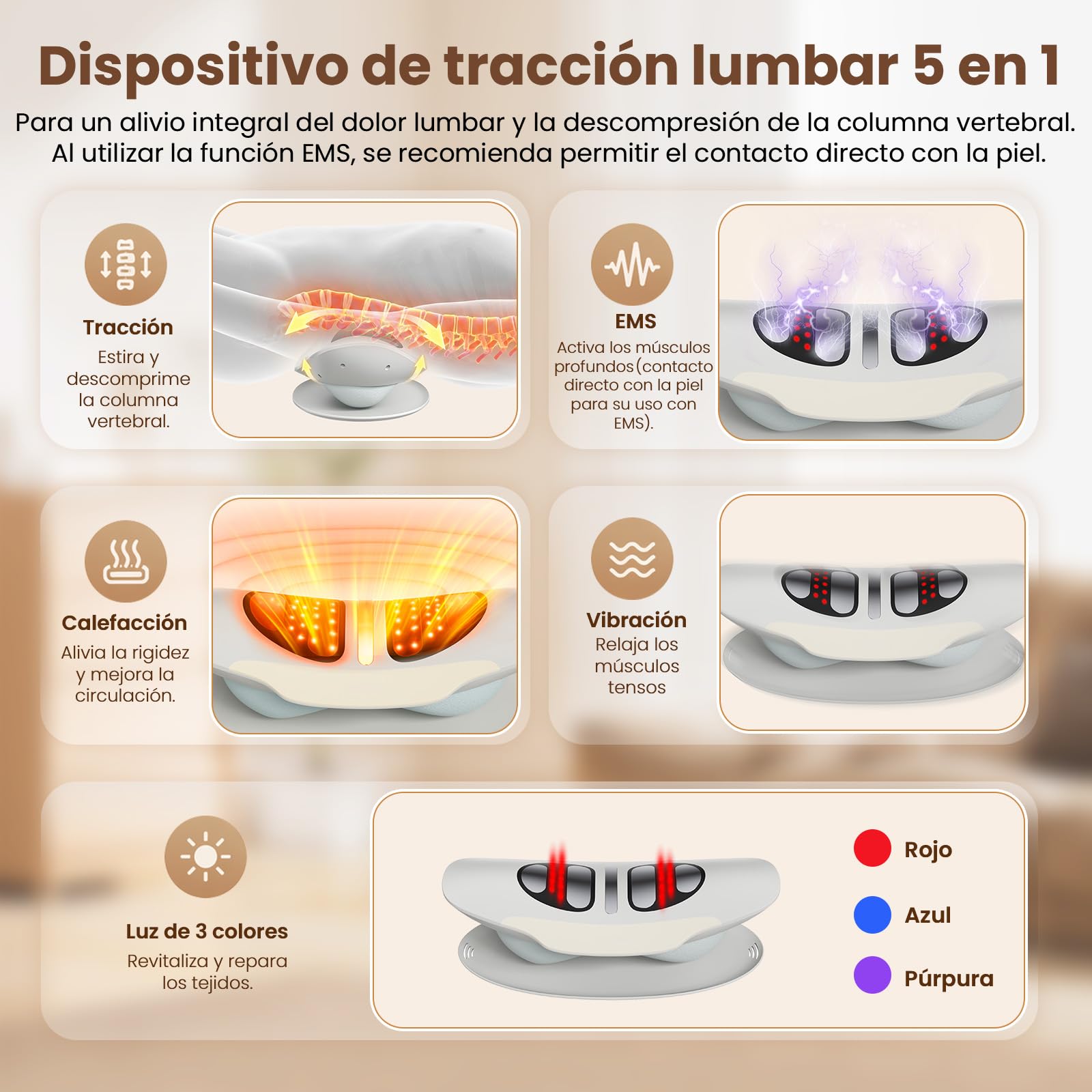 Dispositivo de Tracción Lumbar, Masajeador Inteligente para Lumbar, Alivio del Dolor de Espalda y Ciática, Estiramiento de Columna con Balanceo y Altura Ajustable, Relajación