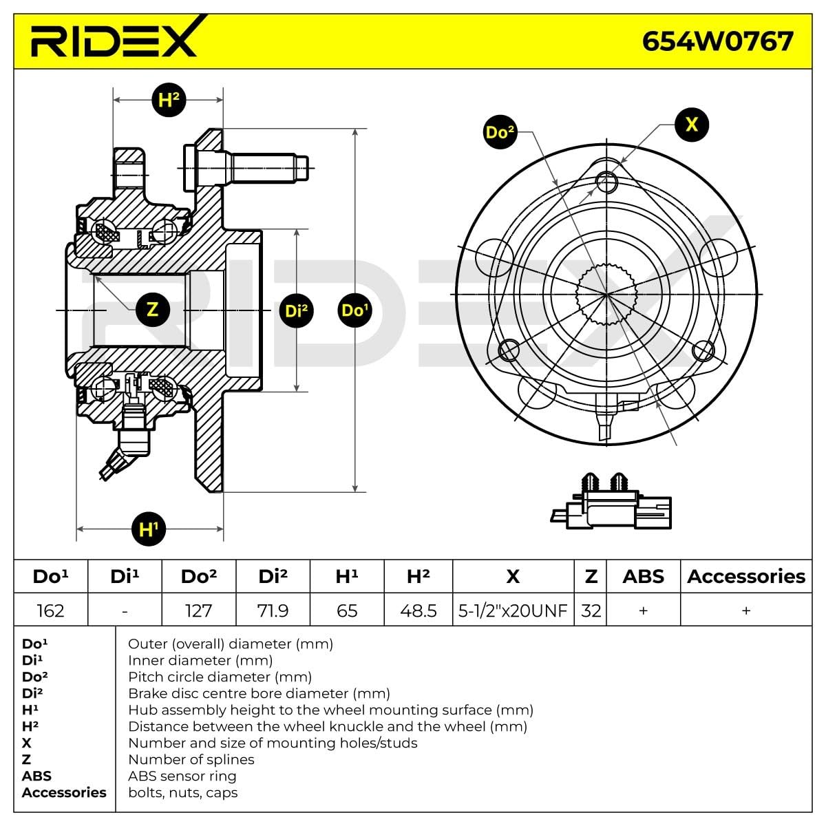 RIDEX 654W0767 Juego de cojinete de rueda Delantero Compatible con JEEP WRANGLER III JK
