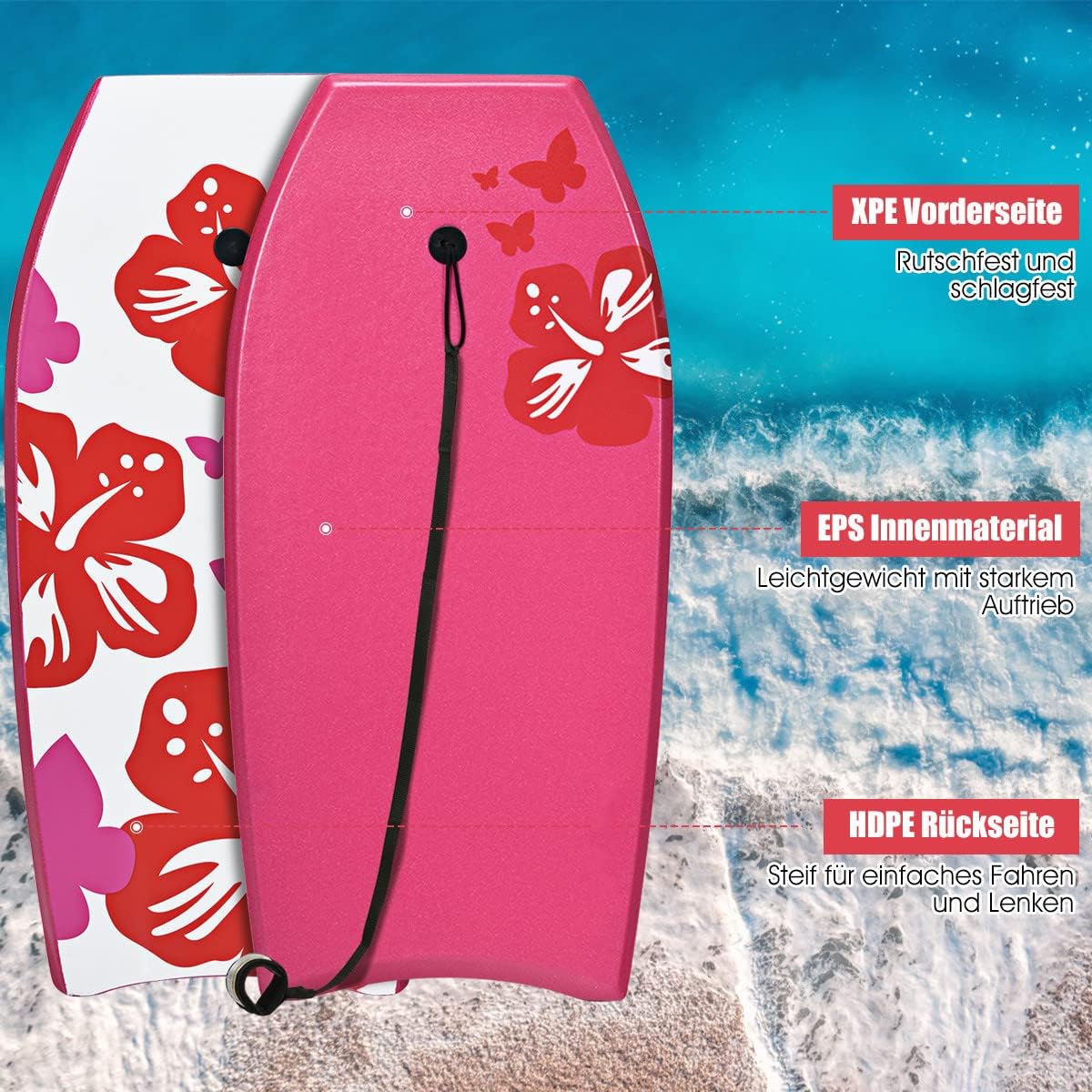 GYMAX Tabla de Surf de 105 x 51 cm, con Cuerda de Tracción, Carga Máxima: 85 kg, Tabla de Surf con Núcleo de Espuma EPS, para Niños y Adultos (Rosa)