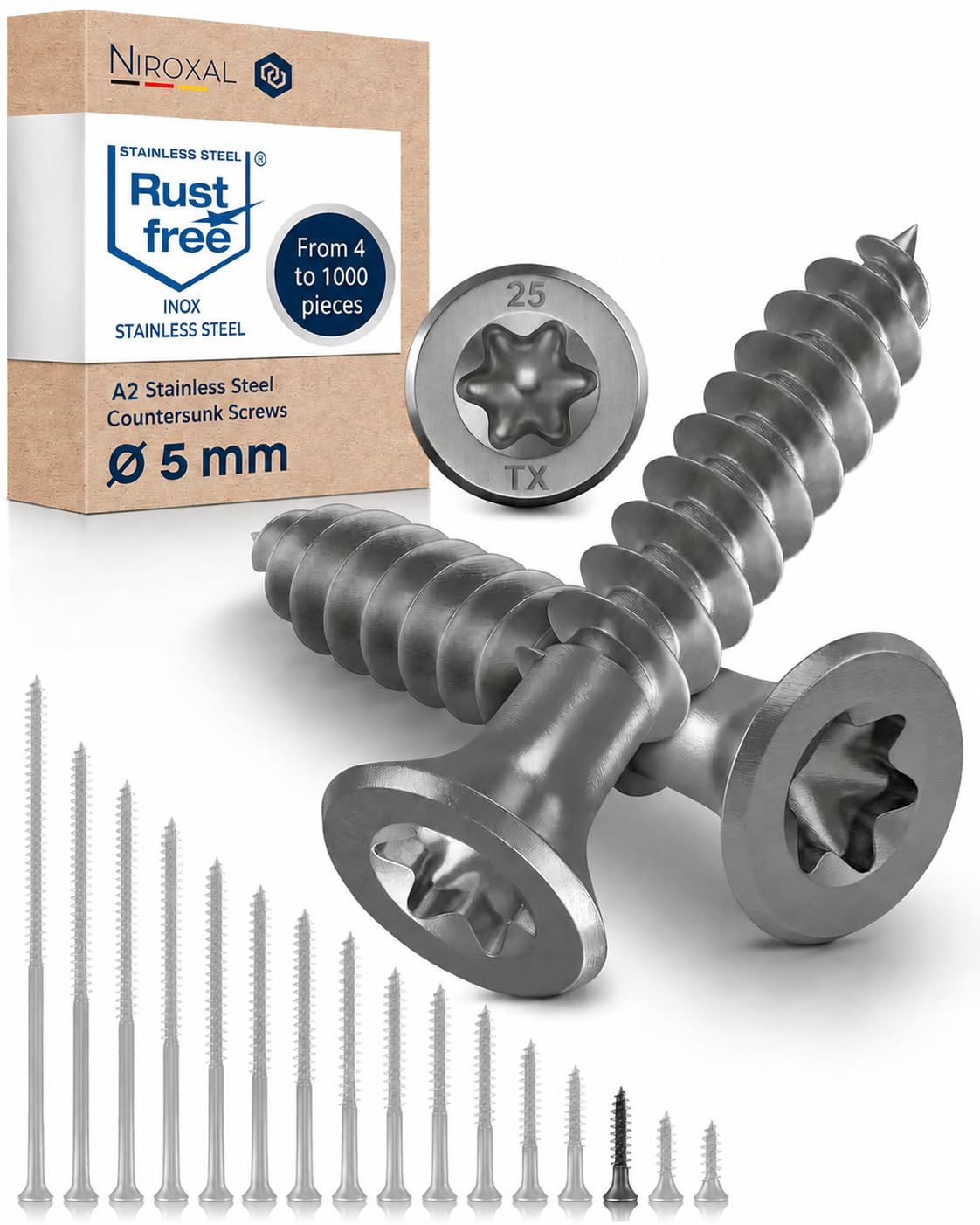 Wood Screws 5x25 mm Stainless Steel 304 Torx Countersunk Head Full Thread Chipboard Screws Pack of 25 NietFullThings