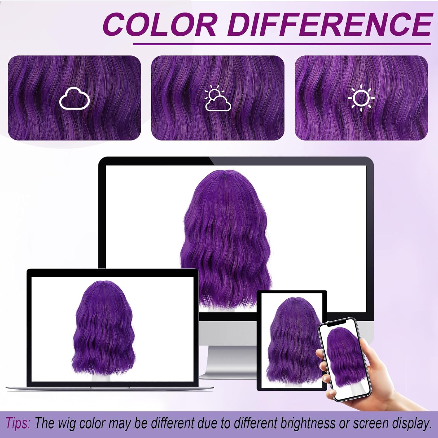 Earfodo Purple Wig for Women Short Purple Wavy Wigs with Bangs 14Inch Colorful Hair Synthetic Heat Resistant Colored Costume Wig for Halloween Cosplay Daily Party Use (Mixed Purple) - Image 7