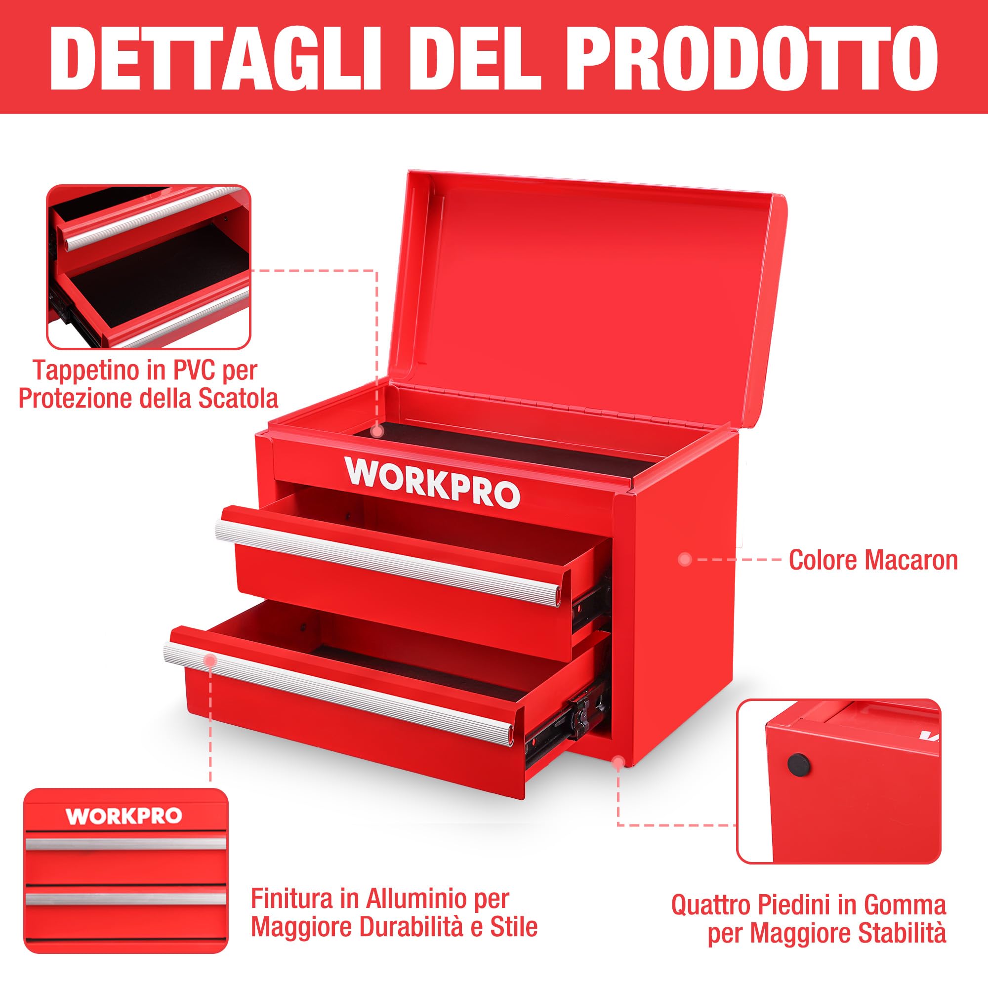 WORKPRO Mini Cassetta degli Attrezzi in Metallo con 2 Cassetti e & Superiore, 27,5 x 15 x 20,8 cm, Portatile, Ideale per Ufficio e Tavolo da Trucco - Rosso