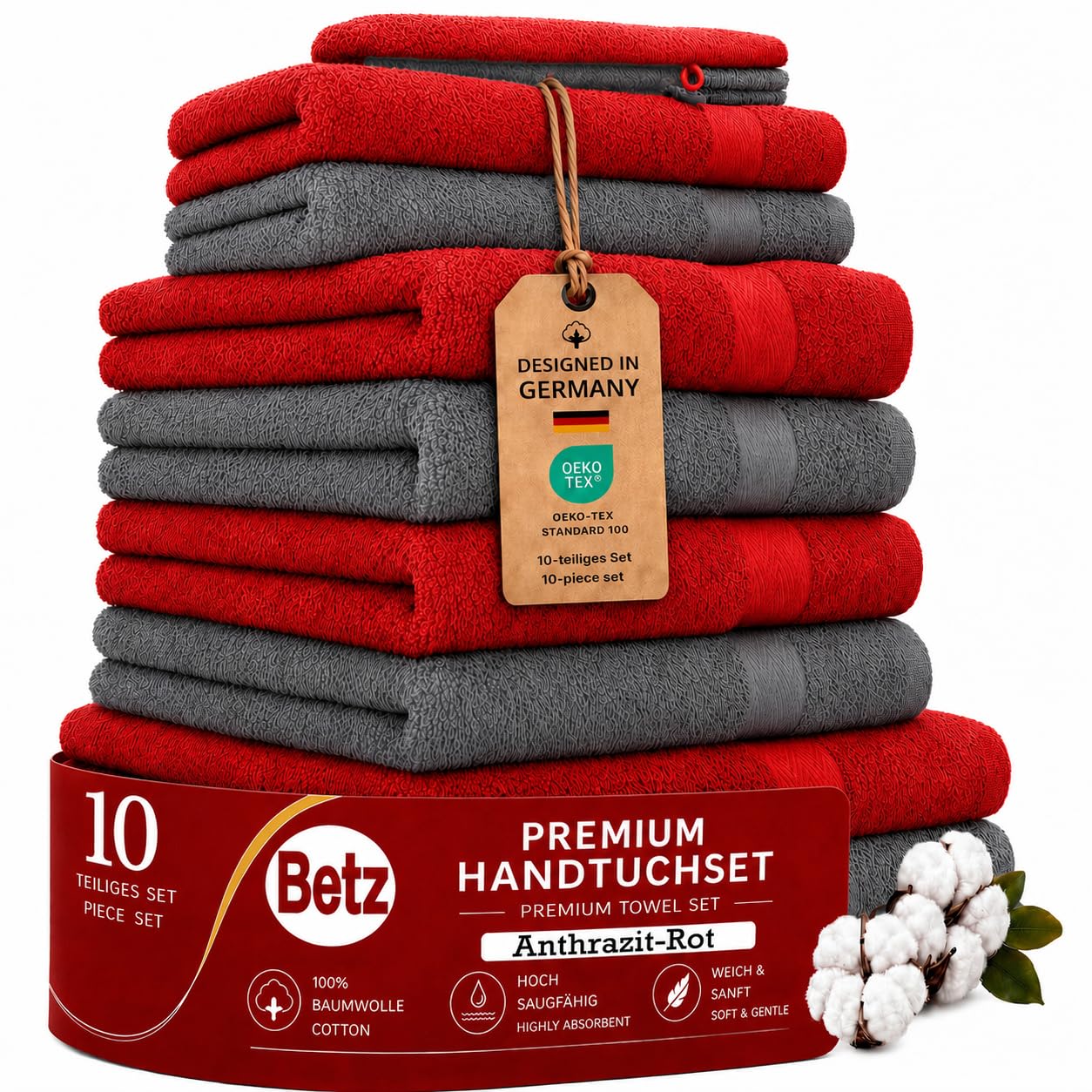 Betz Premium Frottier Handtuch-Set 10-teilig - 2X Duschtücher - 4X Handtücher - 2X Gästetücher - 2X Seiftücher - 2X Waschhandschuhe - Farbe Rot & Anthrazit
