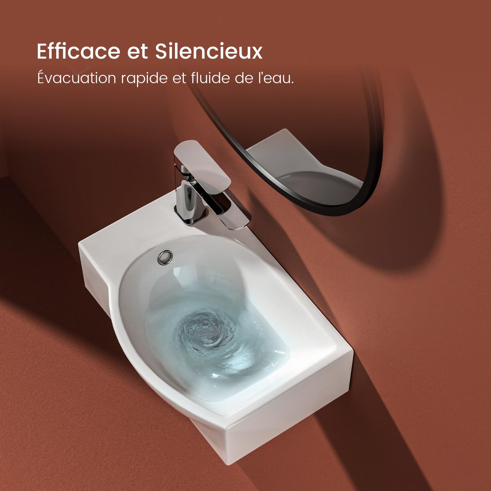 EMKE Lavabo colgante 405 x 280 x 140 mm - Lavabo compacto y elegante para baños pequeños y WC para invitados - Grifo izquierdo, instalación en pared, color blanco brillante
