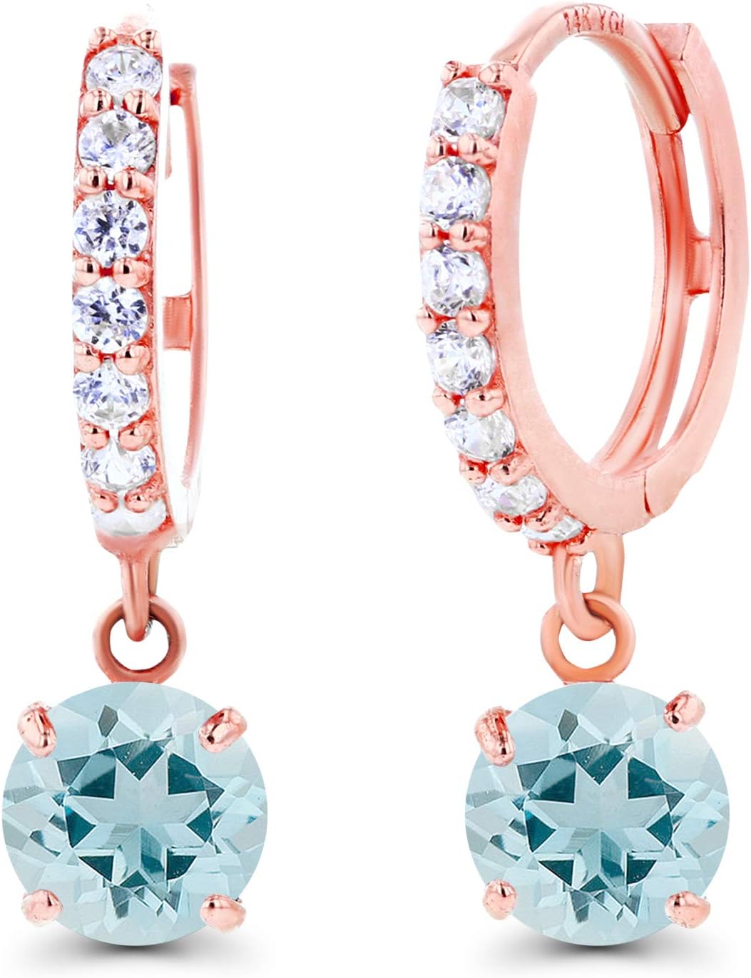 Solid 14K Gold 5x17mm Genuine Birthstone Dangling Huggie Earrings For Women | 5mm Round Birthstone | 1mm Created White Sapphire Pave Dangle Earrings For Women