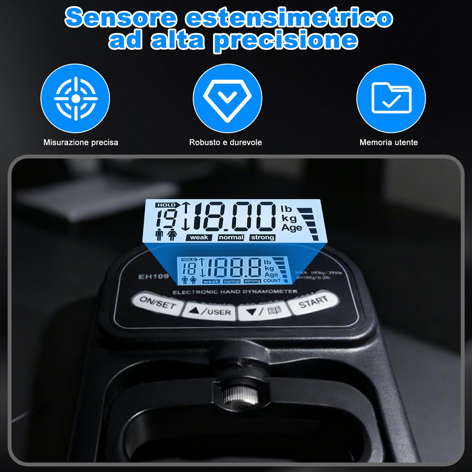Dinamometro Digitale per Afferrare, 396 lbs/180 kg, Dinamometrica Manuale con Display LCD, Dinamometro Addestramento Afferrare Nero, con Cavo di Ricarica USB, con 19 Gruppi di Registrazione