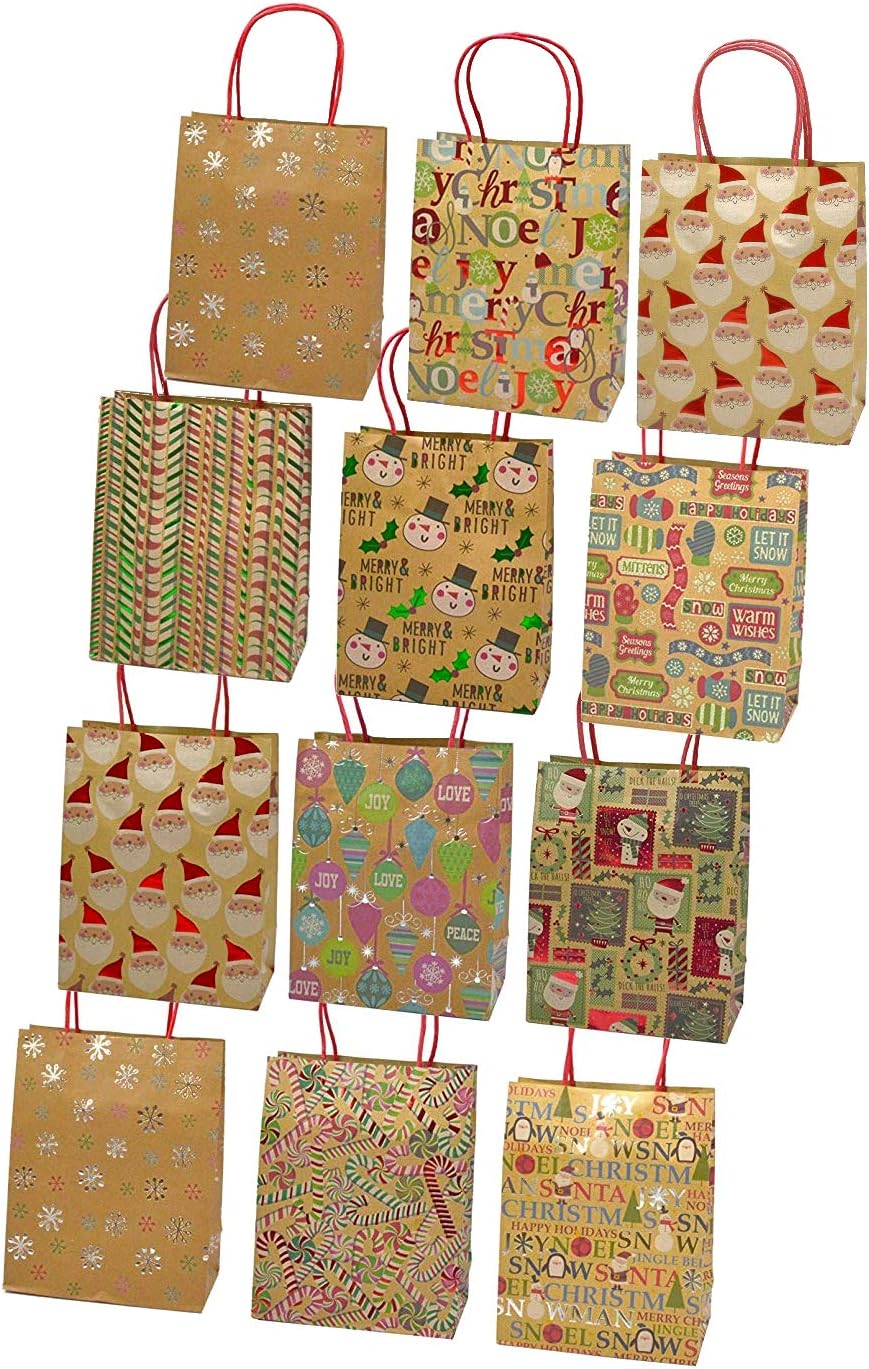 Christmas Gift Bags, Kraft with Foil Hotstamps, 12 Pack