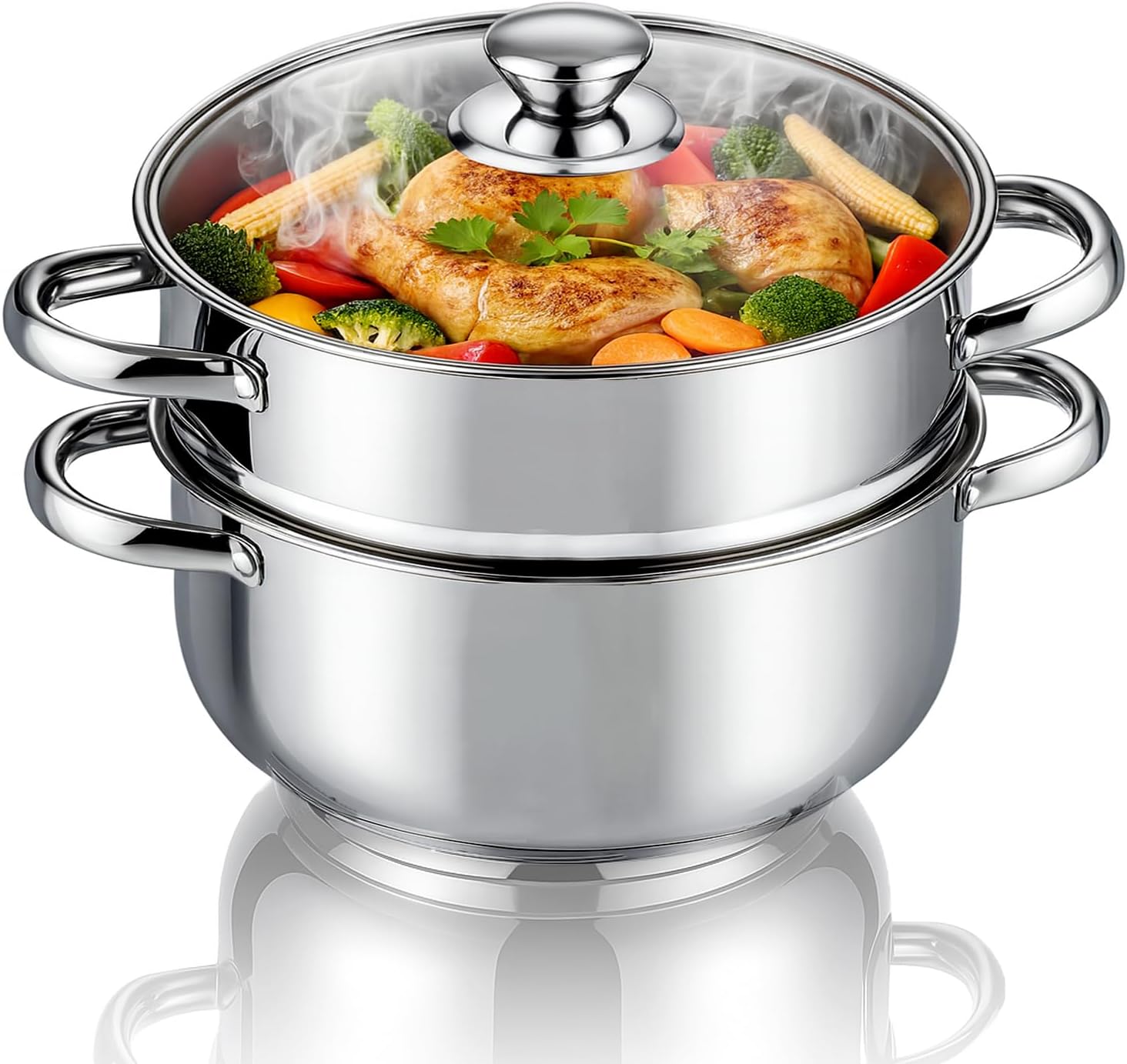 AMERTEER 2-Tier Stainless Steel Steamer For Cooking, 22cm Multi-Layer Steamer Pot With Handles On Both Sides, Steamer Capsule Bottom With Glass Lid – Dumpling Steamer Food, Steam Pot, Veggie Steamer AMERTEER 2-Tier Stainless Steel Steamer For Cooking, 22cm Multi-Layer Steamer Pot With Handles On Both Sides, Steamer Capsule Bottom With Glass Lid – Dumpling Steamer Food, Steam Pot, Veggie Steamer