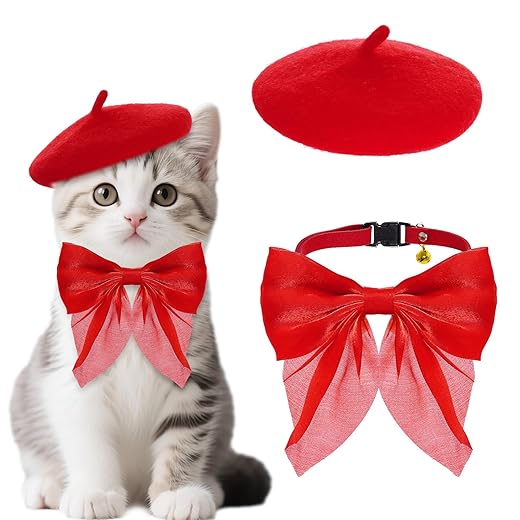 Dog Beret with Cute Bow Collar for Small Dog Cat Funny Artist Dog Hat for Halloween Christmas Birthday Photo Prop Costume (Red)