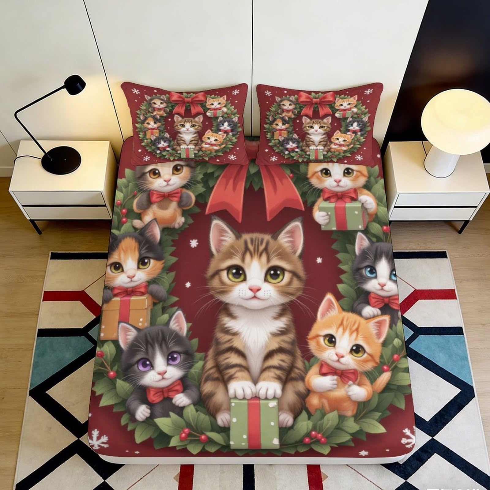 3D Printed Christmas Cat Wreath Fitted Sheet Microfiber Soft Breathable Festive Gift Mattress Cover for Bedroom Dormitory Guest Room Protection 200x200x25cm