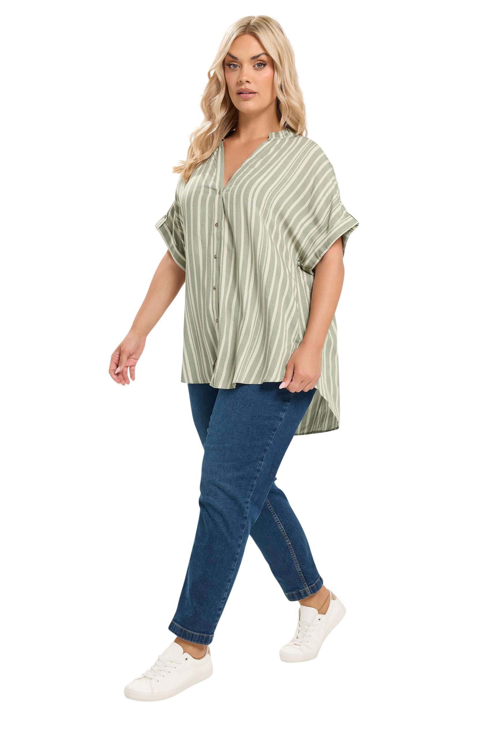 Yours Women's Light Green Stripe Tab Detail Shirt In | Size: 20