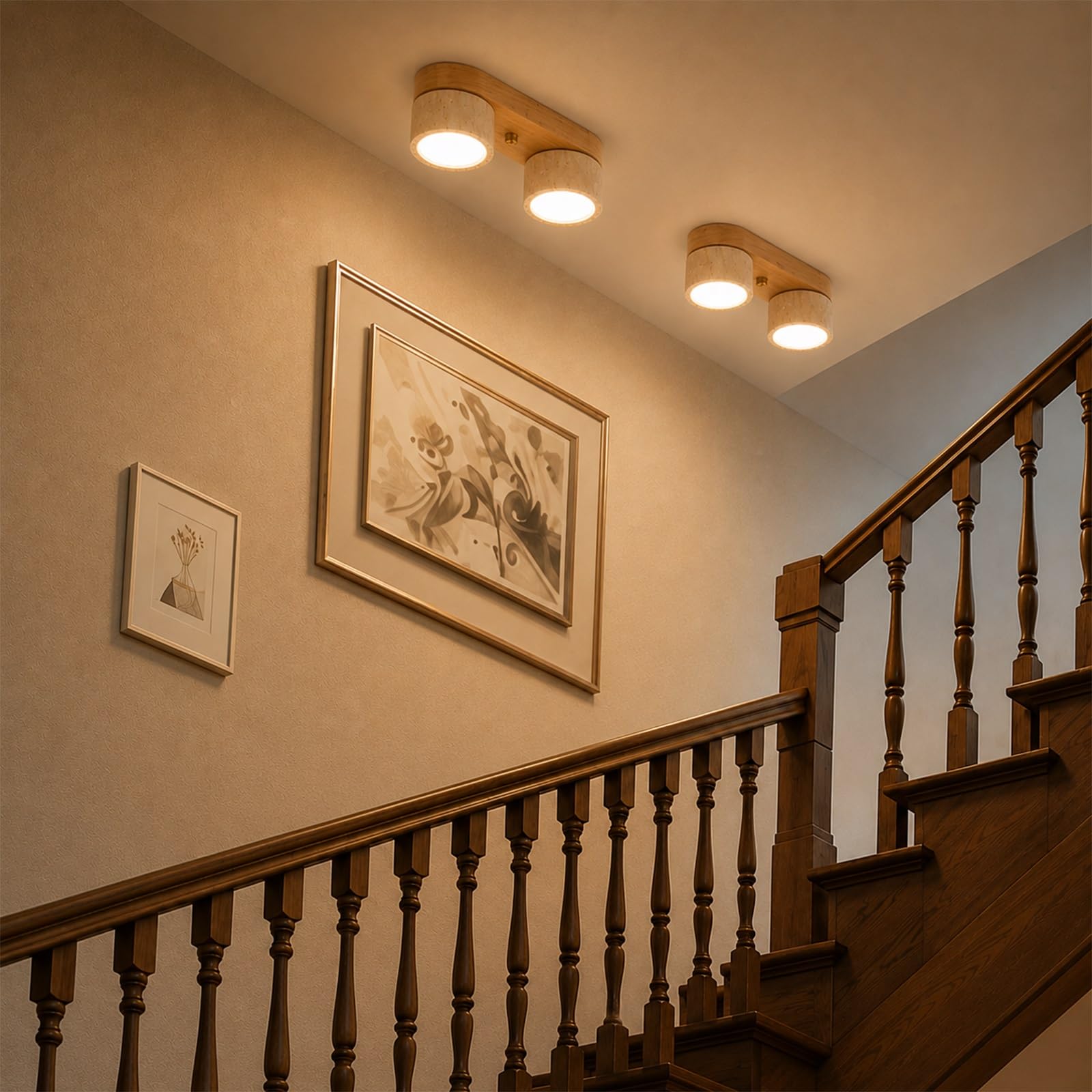Jadssox Lampa Sufitowa LED Naturalny Żółty Trawertyn Plafon Z Drewnianą Podstawą, Oprawa Oprawa Sufitowa Z Kamienia Naturalnego, Lampy Sufitowe Do Przedpokoju Schodów Do Przejścia(Wood color)
