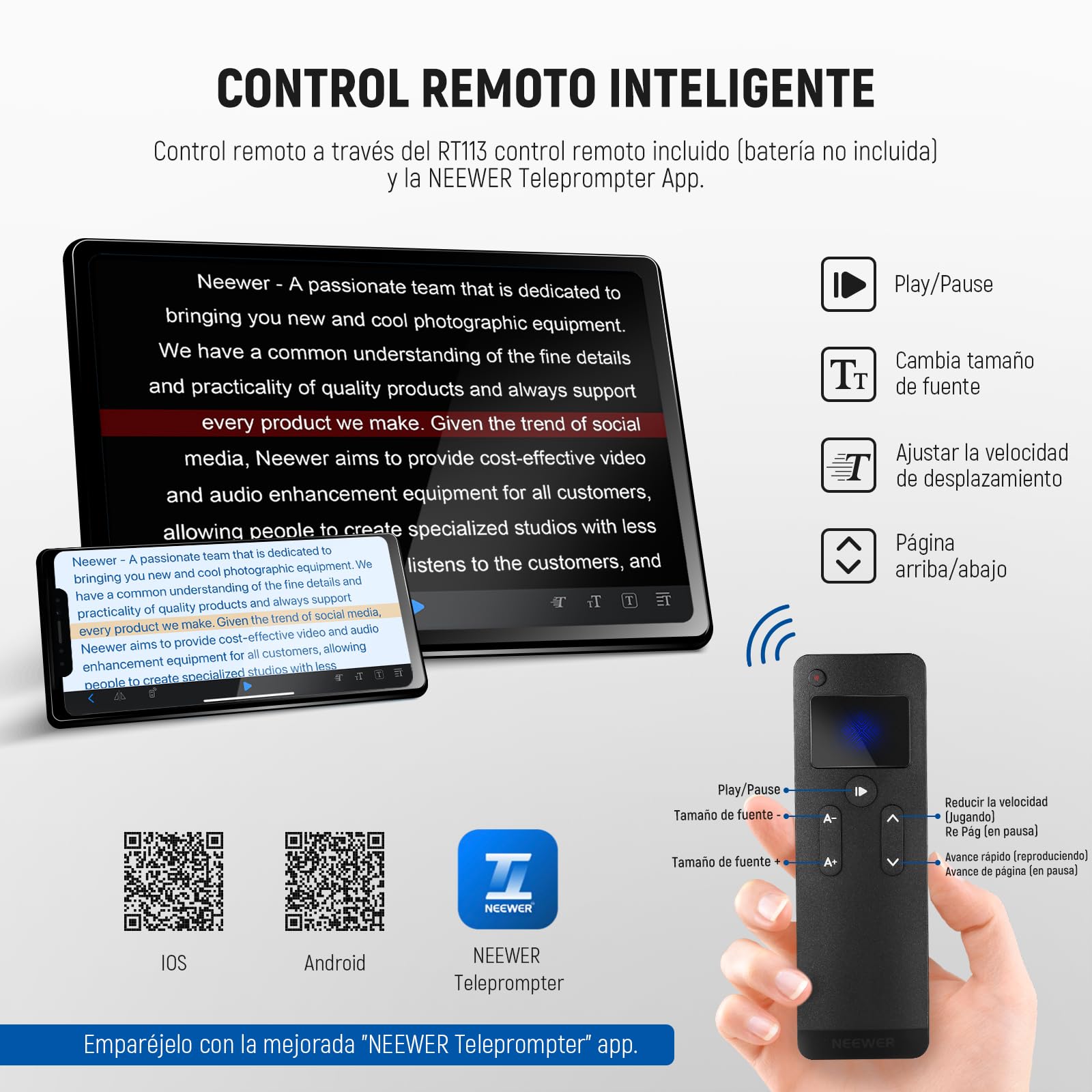 NEEWER Basics X12B Teleprompter Elevable Aleación Aluminio 12", Compatible con iPhone iPad Tablet Phone Camera, Sin Ensamblaje/Remoto & App Control, paño de Limpieza, para Curso Online Streaming Live