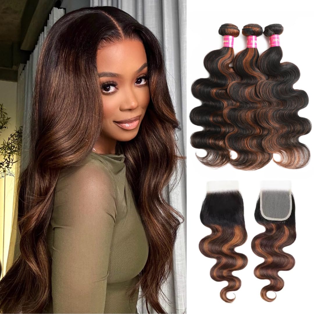 BQRIH Brown Highlight Body Wave Bundles With 4x4 Closure 16 18 20+14in 12A Human Hair Extensions Virgin Remy F1B/30 Black and Honey Blonde Highlights