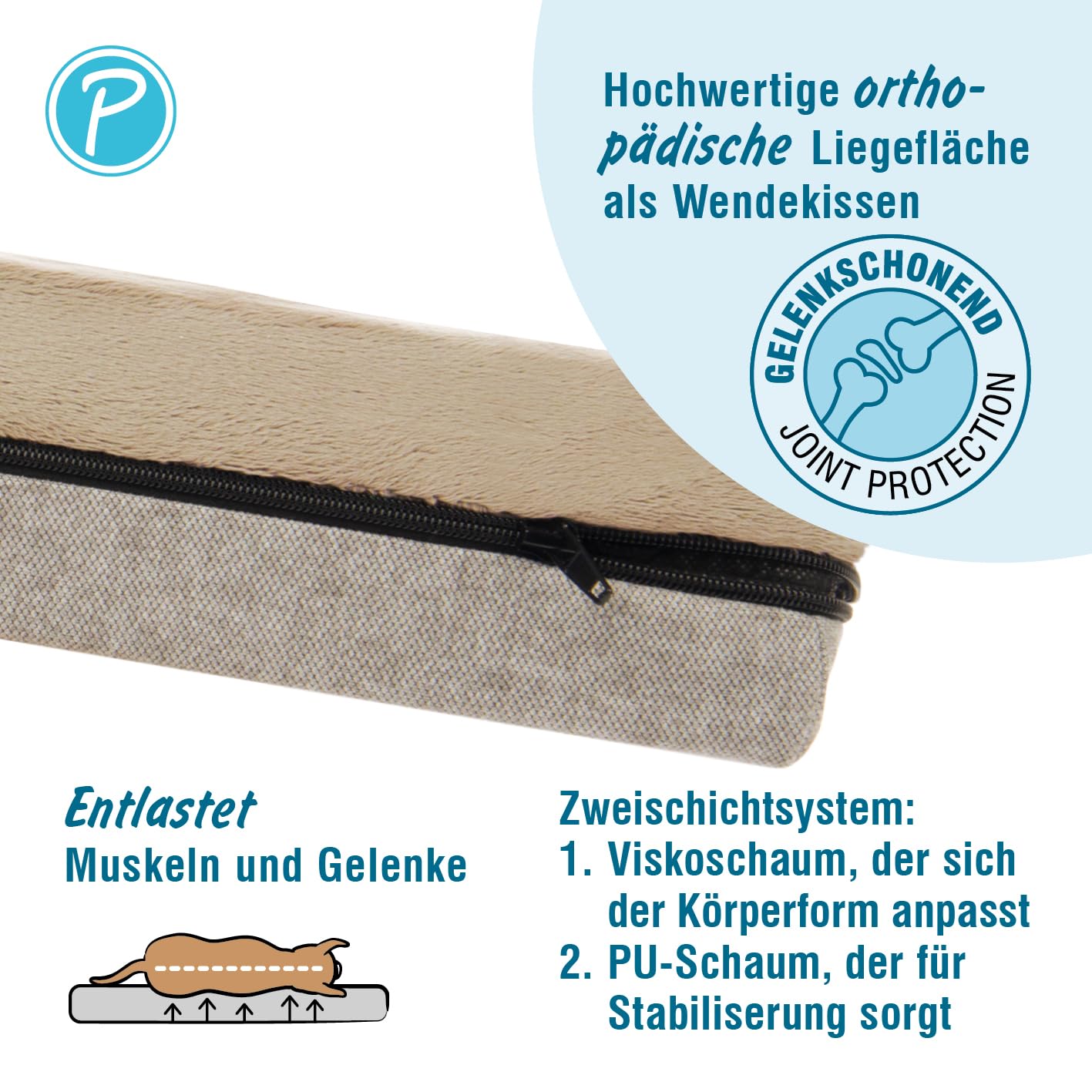 Petlando orthopädisches Hundebett Lima Ortho, ergonomische Liegefläche, waschbar 60°C, rutschfest, XL Tabacco, Hundematte beige, Hundekissen für große Hunde L 120 x B 85 x H 17 cm