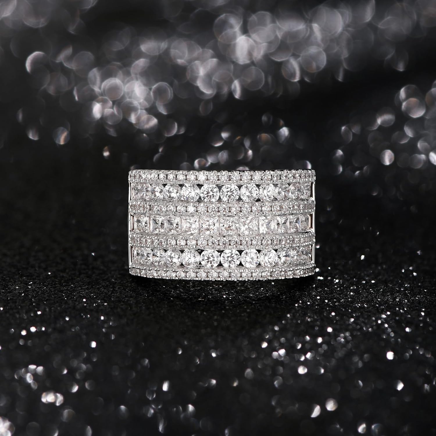 Wide Wedding Bands for Women 18K White Gold Plated 3 Row Round Princess Cut AAAAA Cubic Zirconia Eternity Stackable Fashion Cocktail Rings for women Size 5-10 - Image 3