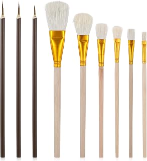 TIESOME 9 Stück Acryl Pinsel, Keramikglasurpinsel Set mit 9 Größen, Fächerpinsel für Acrylfarbe, Keramikmalerei & Töpferei, Hochwertige Borsten aus Naturhaar & Metallferrule