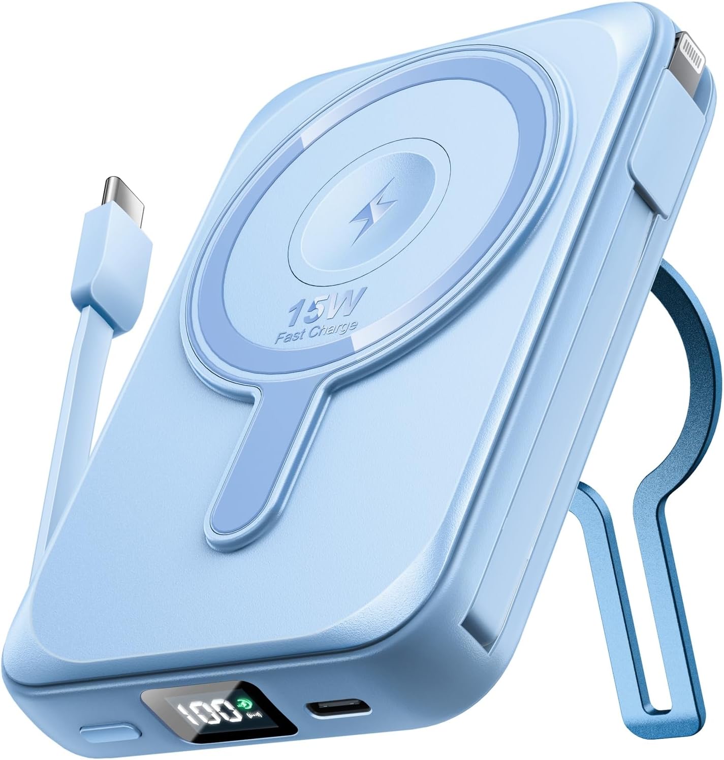 Magnetic Portable Charger, 10000mAh Wireless Power Bank with Stand, 22.5W Fast Charging Battery Pack with Built in Cables, Compatible with iPhone 16 15 14 13 12 Samsung S22 S21 Google iPad Blue