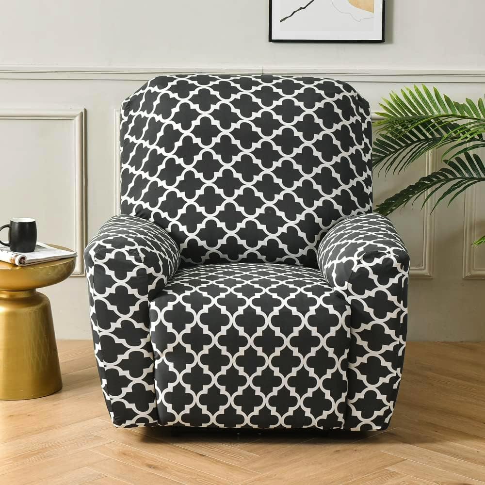 House of Quirk Recliner Slipcover 4 Pieces Stretch Printed Chair Covers with Side Pocket Recliner Sofa Couch Cover Anti-Slip Fitted Recliner Cover Furniture Protector - Black Diamond 1