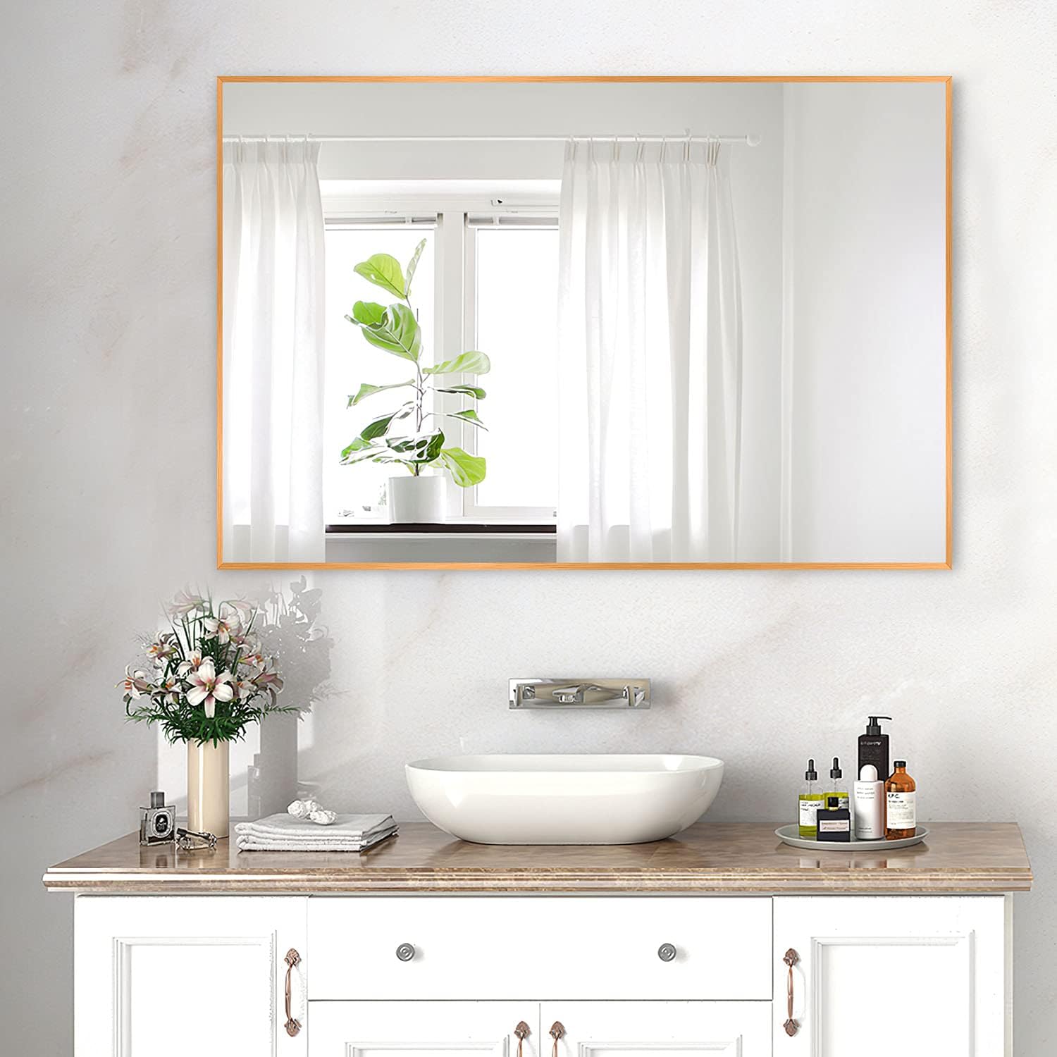 NeuType Wall-Mounted Mirror Rectangular Hanging Mirror Metal Framed Wall Mirror, Best for Bathroom, Washroom, Bedroom, Living Room, Gold, 36"x24" : Home & Kitchen