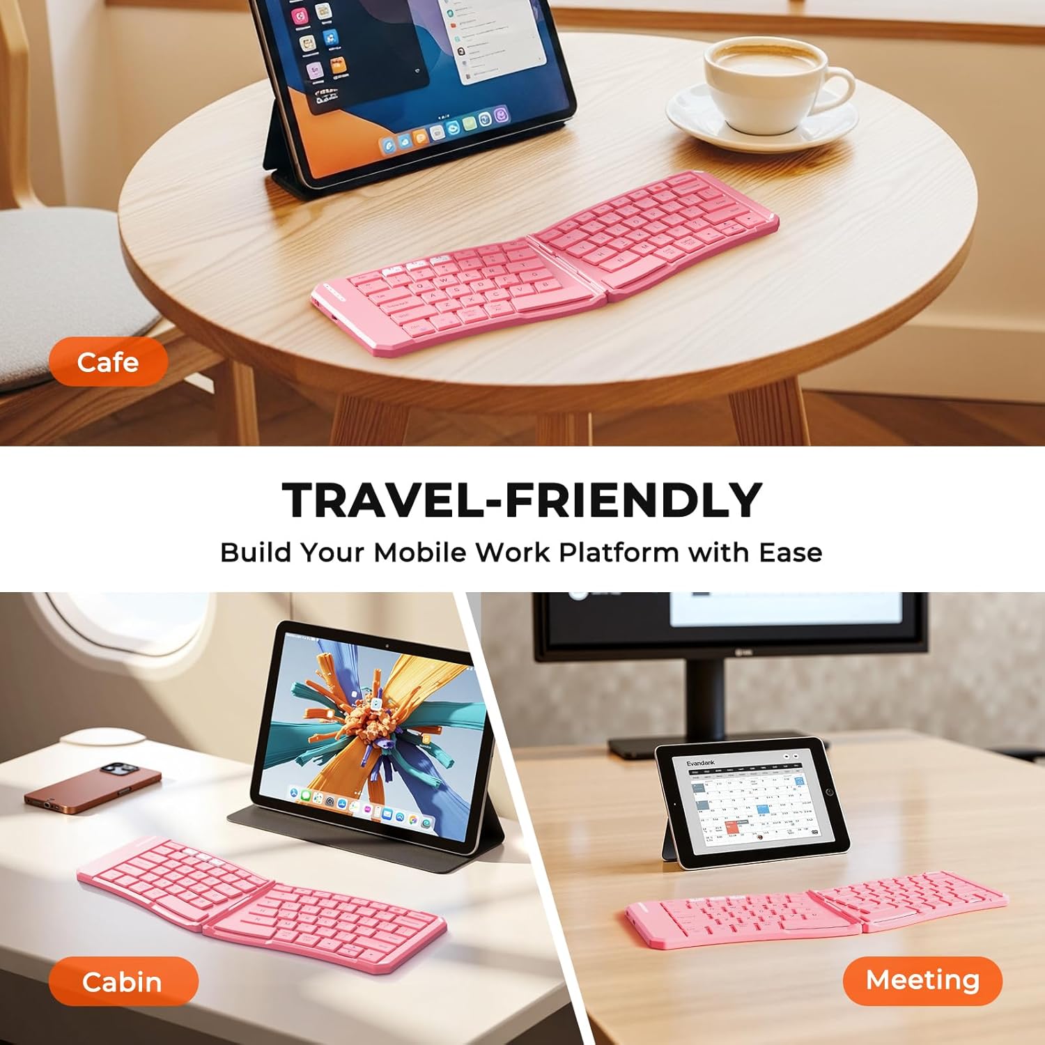 MEETION New Ergonomic Bluetooth Foldable Keyboard, Split Compact Portable Wireless Keyboard for Business Travel, Rechargeable Folding Keyboard for Tablet PC Smartphone iOS Android Windows Mac Pink