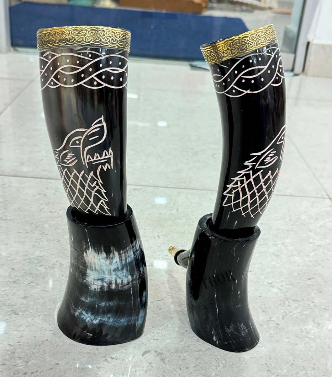 Wolf Engraving Ox-Horn Viking Drinking Horn Mug With Stand & Brass Rim Halloween Party Gift Set of 2 Beer Wine Mead Christmas Birthday Wedding Gift for men mug viking horn