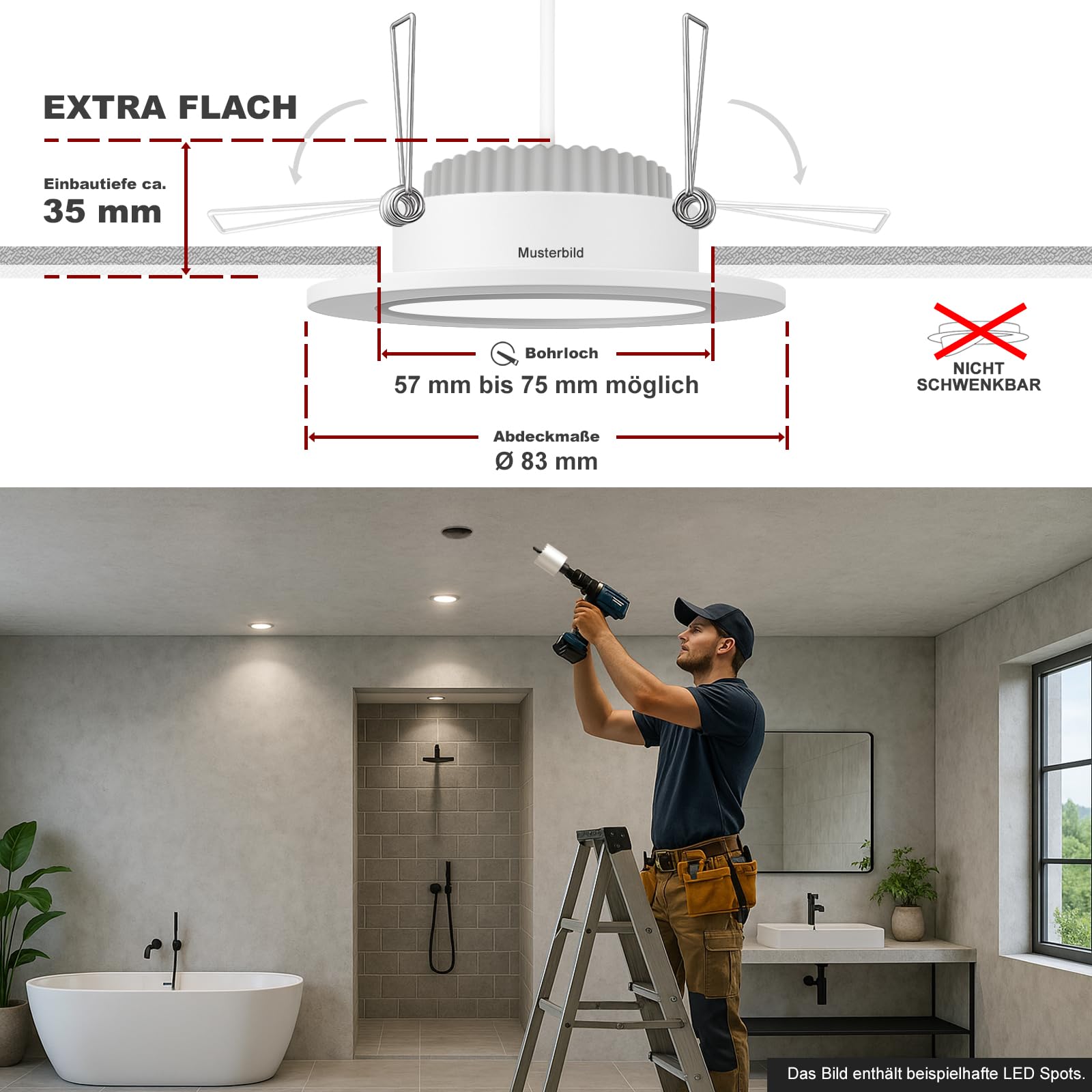 trendlights24 Mare LED Decken Einbaustrahler IP44 flach dimmbar 5W 3er Set