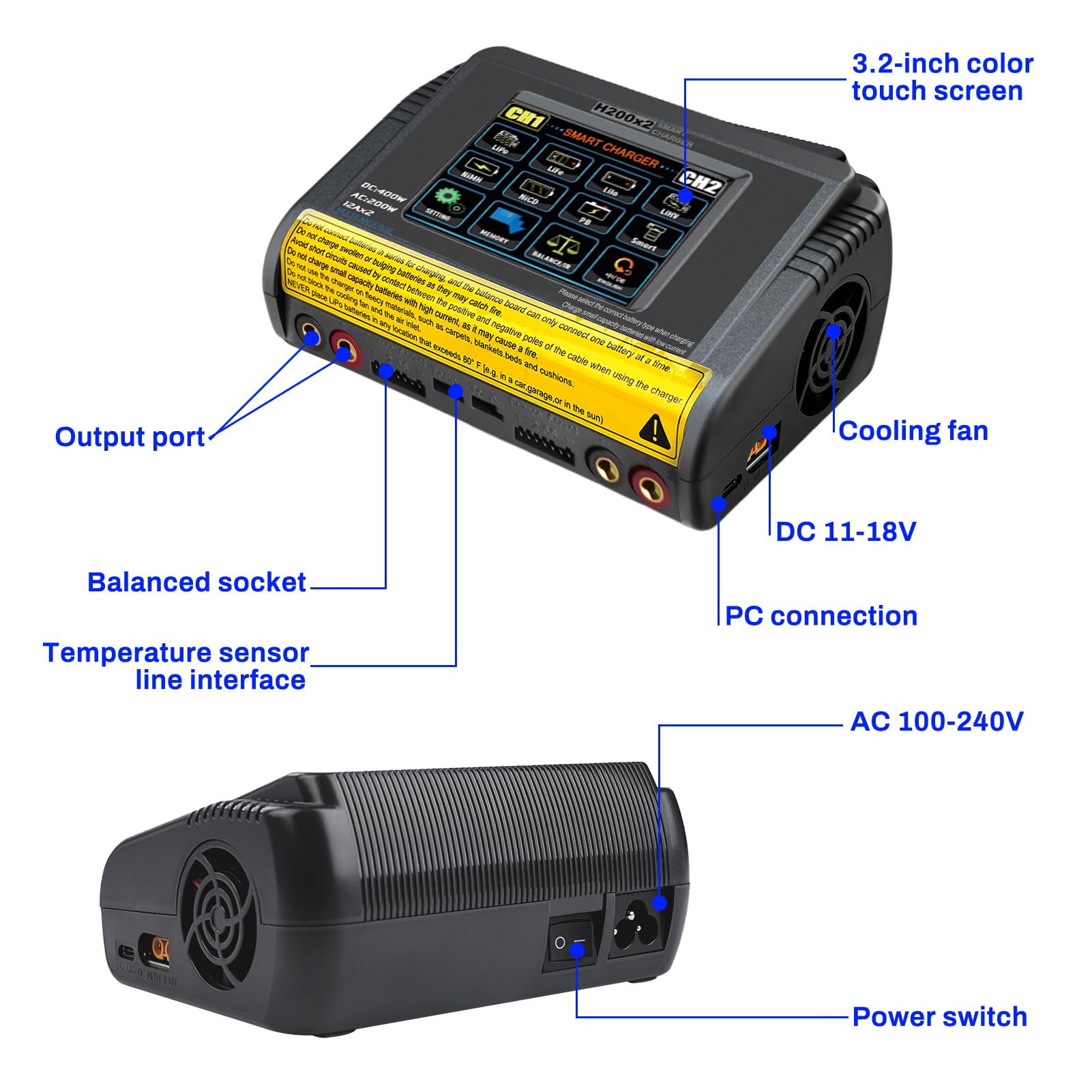 Lipo ladegerät T400 lipo Charger AC200W/DC400W 12A, lipo ladegerät Balancer Doppel-Entlade 3,2 Zoll Farb-Touchscreen Balancer entlader für LiPo/Lilon/Life/NiMH/NiCd/PB/NiMH