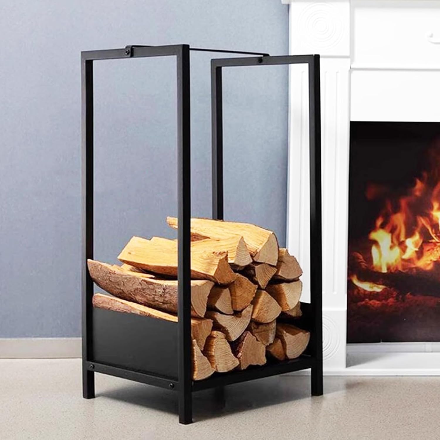 Log Store Firewood Rack Wrought Iron Log Hoop Firewood Holder Fireplace Wood Storage Holder Indoor Outdoor Heavy Duty Black