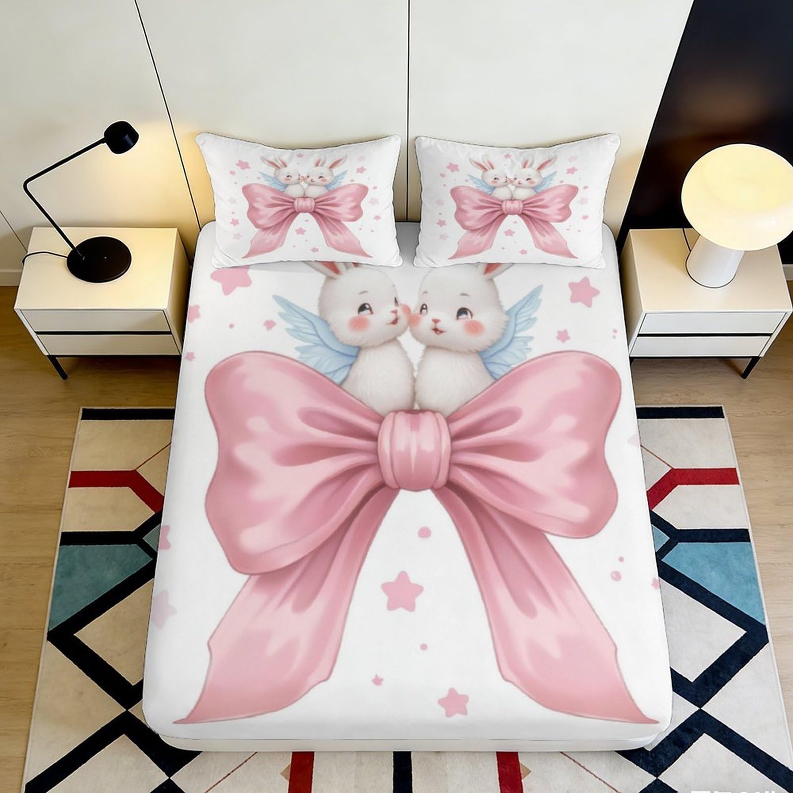 Jqzkxnhpbr Style-10 3D Printed Cute Bunny Bow Fitted Sheet Microfiber Soft Pink Star Bed Cover For Bedroom Dorm Guest Room Decor 90X200x25cm