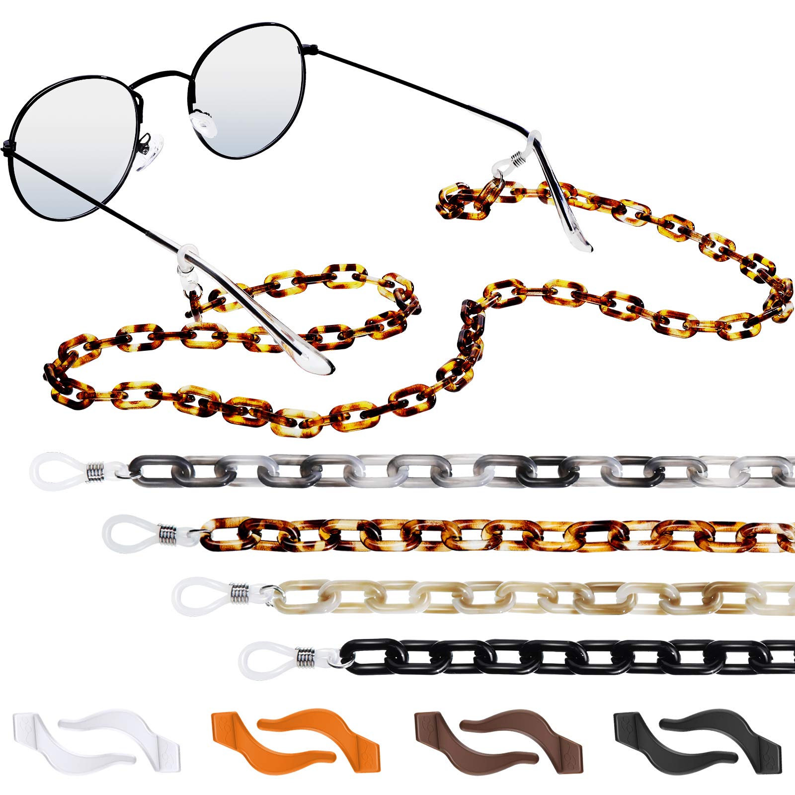 WeewoodayCorreas Antideslizante de Gafas, 4 Cadenas Acrílico, 4 Pares Ganchos Silicona